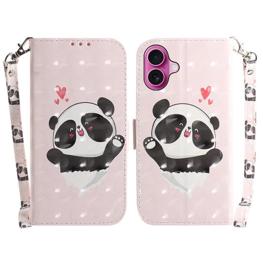 For iPhone 16 Plus Wallet Case 3D Pattern Print Leather Phone Cover - Love Heart Panda