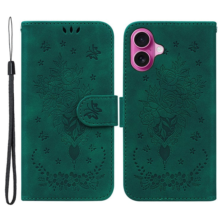 For iPhone 16 Plus Wallet Case PU Leather Phone Cover Butterfly Flower Imprint - Green