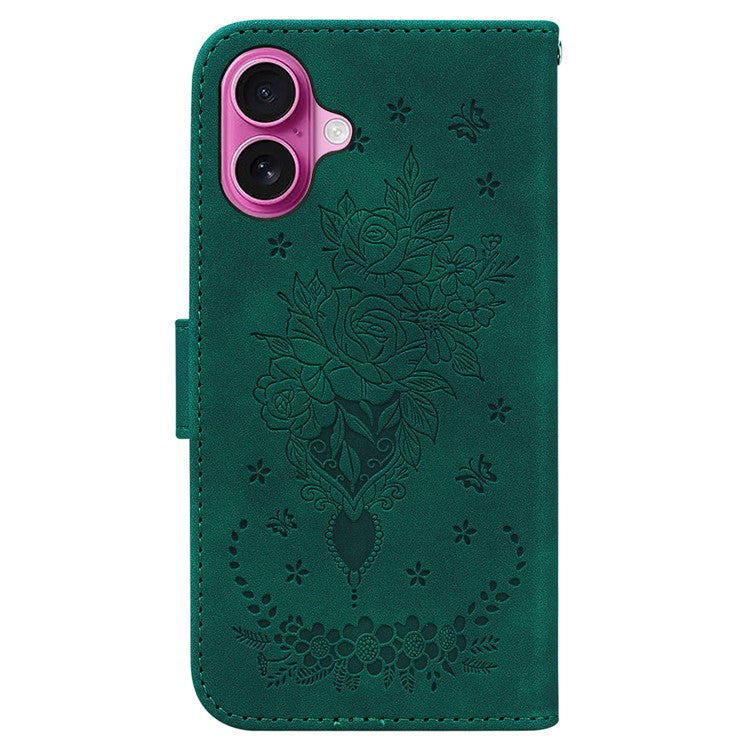 For iPhone 16 Plus Wallet Case PU Leather Phone Cover Butterfly Flower Imprint - Green