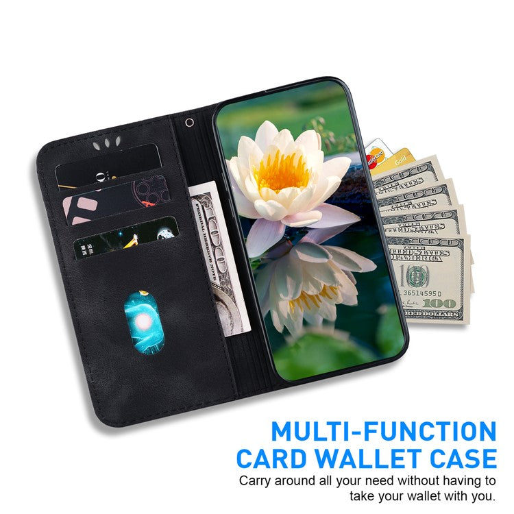 For iPhone 16 Phone Case Lotus Imprint Leather Stand Wallet Cover - Black