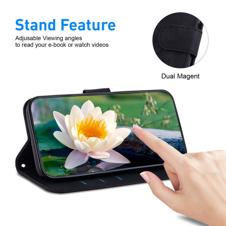 For iPhone 16 Phone Case Lotus Imprint Leather Stand Wallet Cover - Black