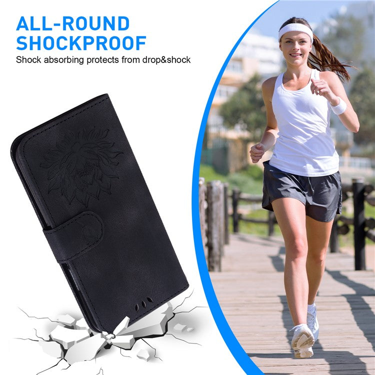 For iPhone 16 Phone Case Lotus Imprint Leather Stand Wallet Cover - Black