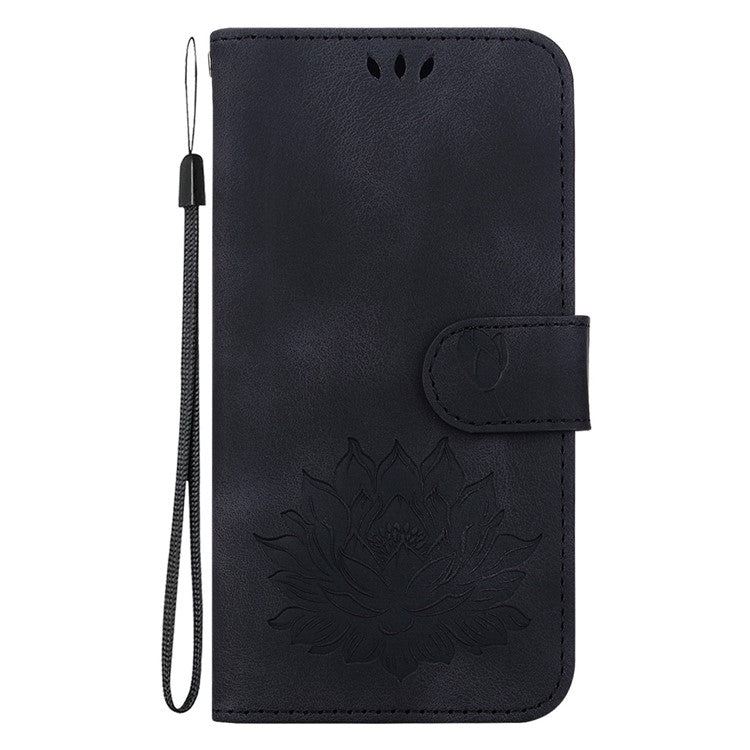 For iPhone 16 Phone Case Lotus Imprint Leather Stand Wallet Cover - Black