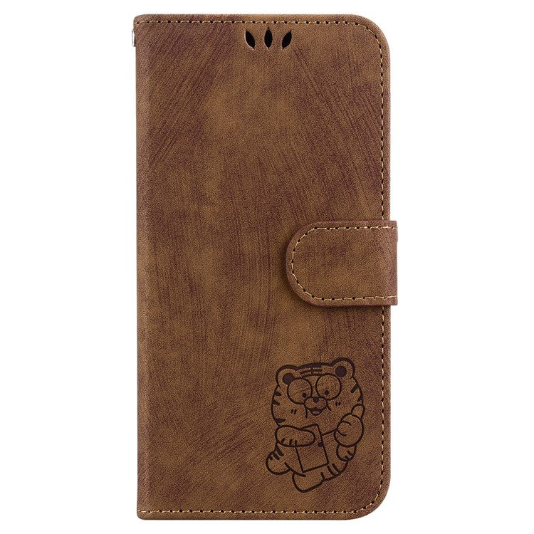 For iPhone 16 Stand Case Cute Tiger Imprint Leather Wallet Phone Cover - Brown
