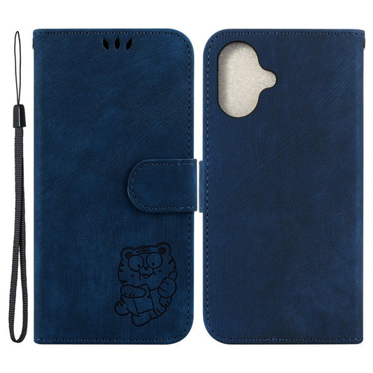 For iPhone 16 Stand Case Cute Tiger Imprint Leather Wallet Phone Cover - Dark Blue