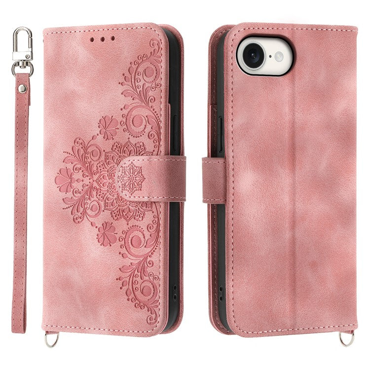 For iPhone 16e Leather Case Multiple Card Slots Phone Cover with 2 Straps - Pink