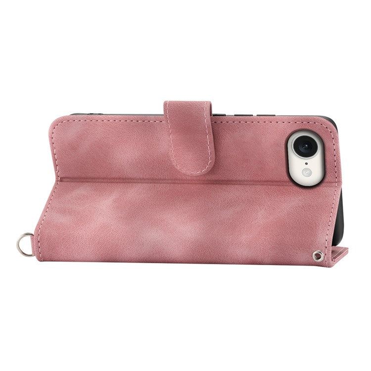 For iPhone 16e Leather Case Multiple Card Slots Phone Cover with 2 Straps - Pink