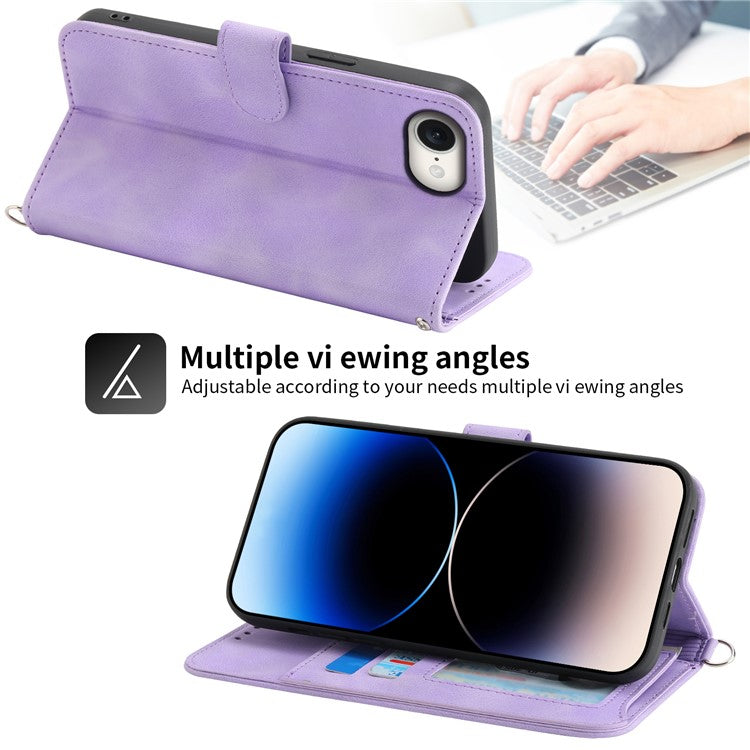 For iPhone 16e Leather Case Multiple Card Slots Phone Cover with 2 Straps - Purple