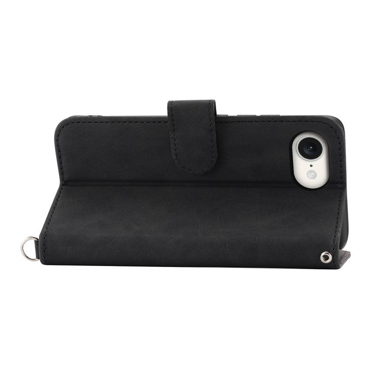 For iPhone 16e Leather Case Multiple Card Slots Phone Cover with 2 Straps - Black