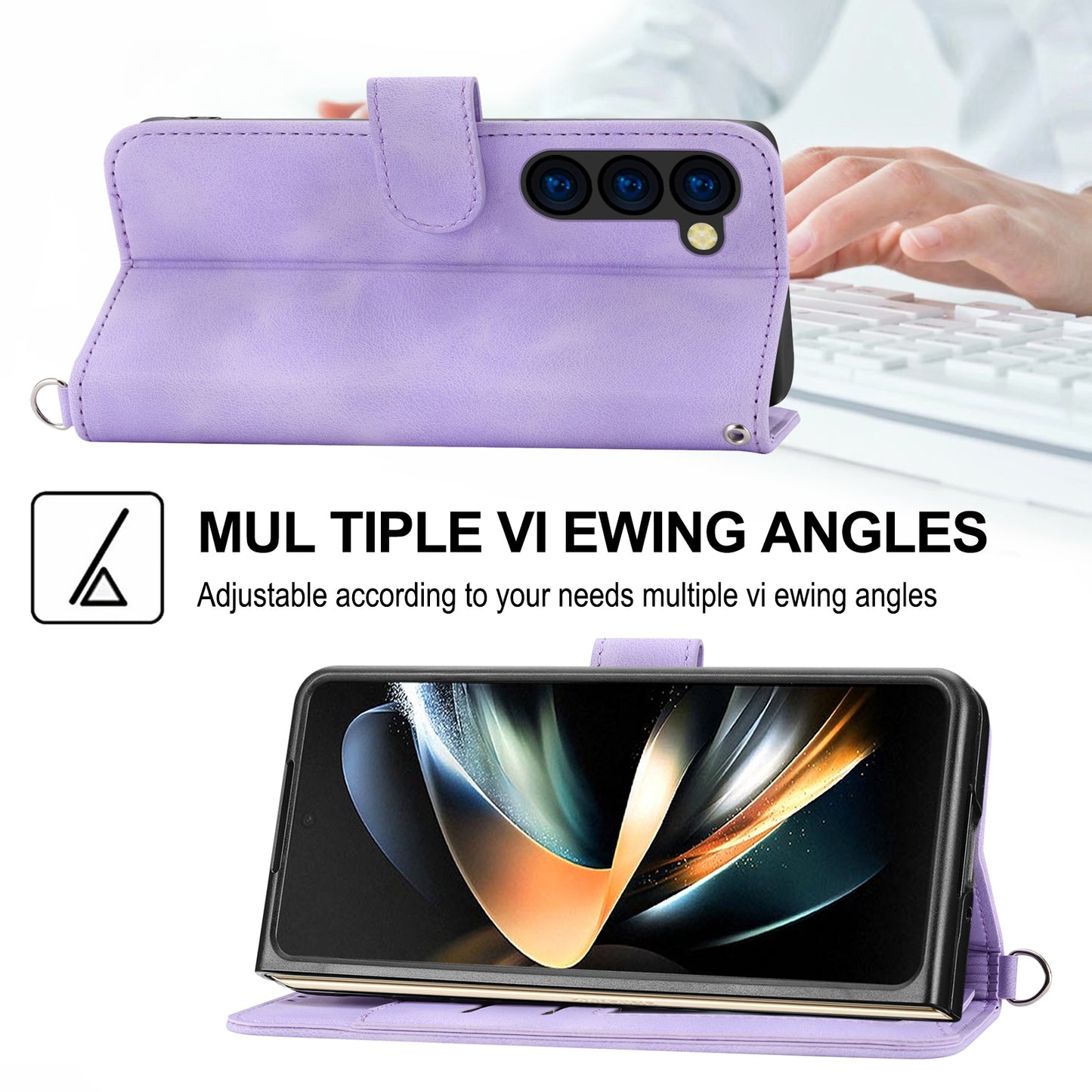 For Samsung Galaxy Z Fold6 5G Leather Case Multiple Card Slots Phone Cover with 2 Straps - Purple