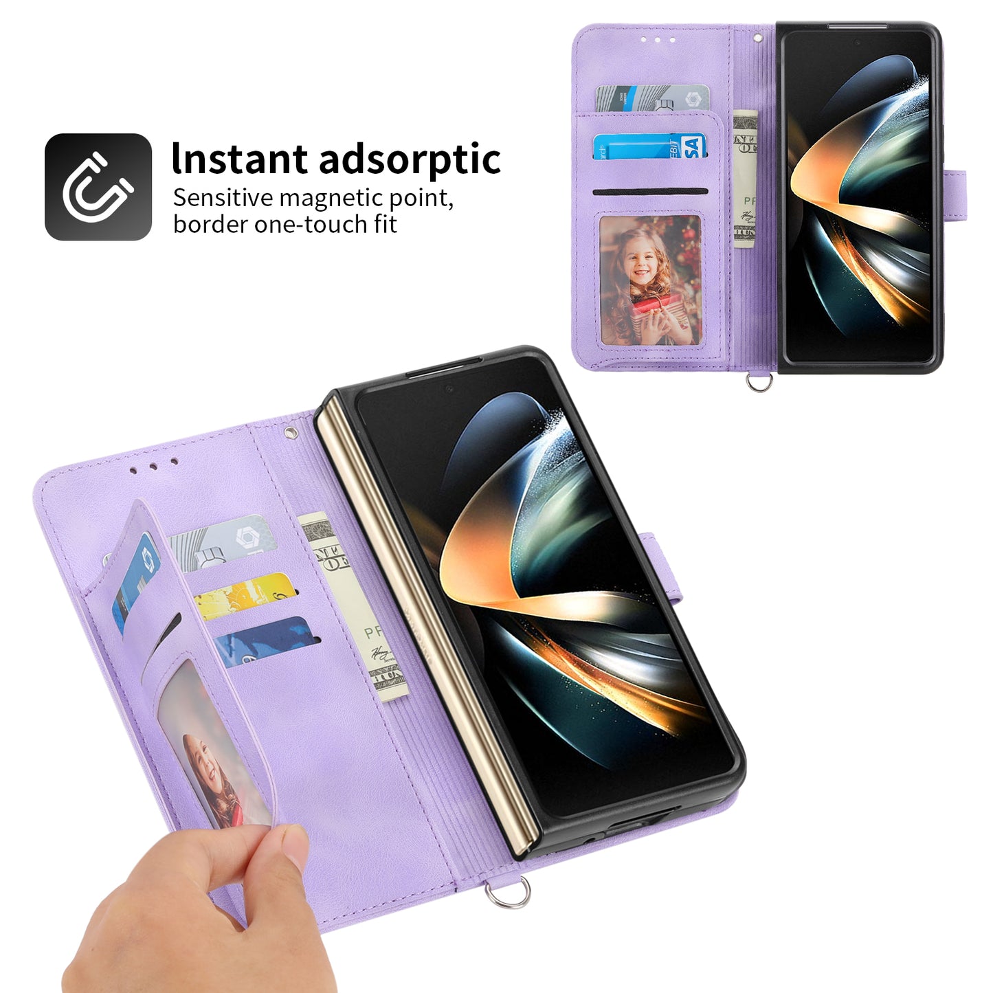 For Samsung Galaxy Z Fold6 5G Leather Case Multiple Card Slots Phone Cover with 2 Straps - Purple