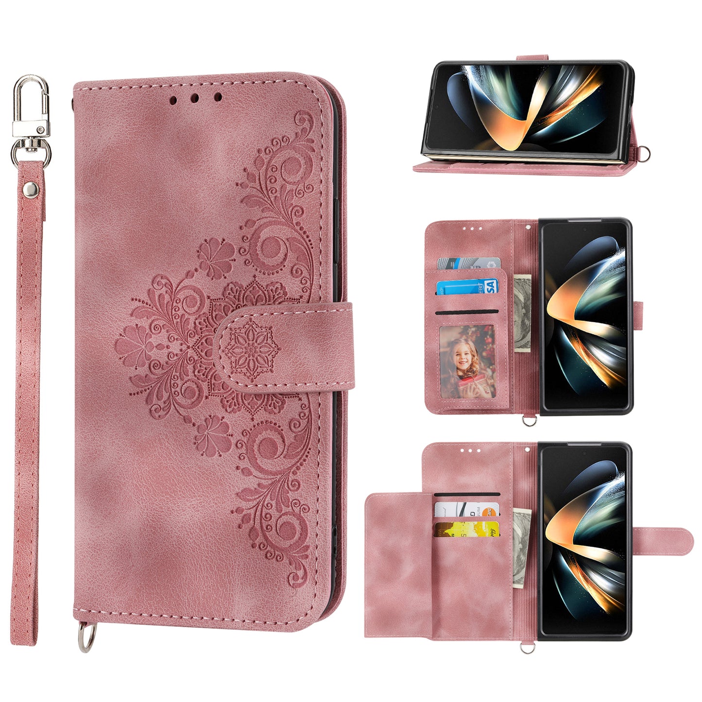 For Samsung Galaxy Z Fold6 5G Leather Case Multiple Card Slots Phone Cover with 2 Straps - Pink