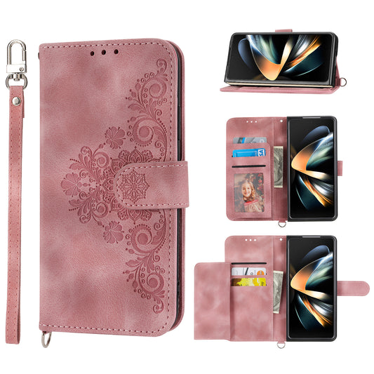 For Samsung Galaxy Z Fold6 5G Leather Case Multiple Card Slots Phone Cover with 2 Straps - Pink