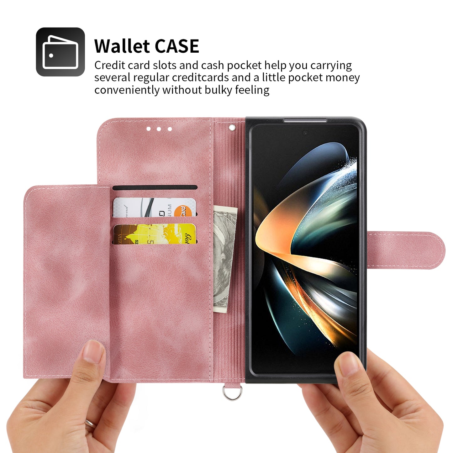 For Samsung Galaxy Z Fold6 5G Leather Case Multiple Card Slots Phone Cover with 2 Straps - Pink