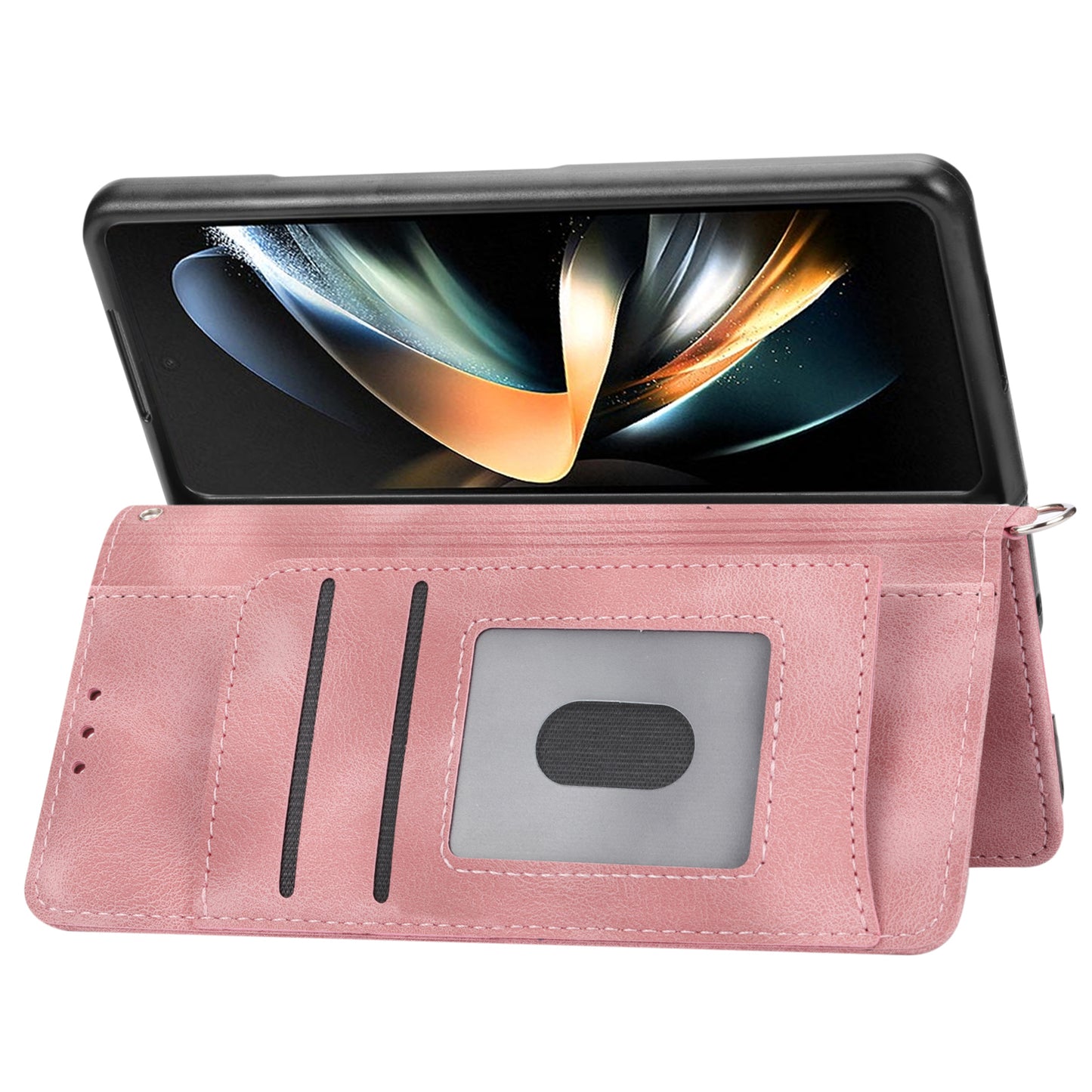For Samsung Galaxy Z Fold6 5G Leather Case Multiple Card Slots Phone Cover with 2 Straps - Pink