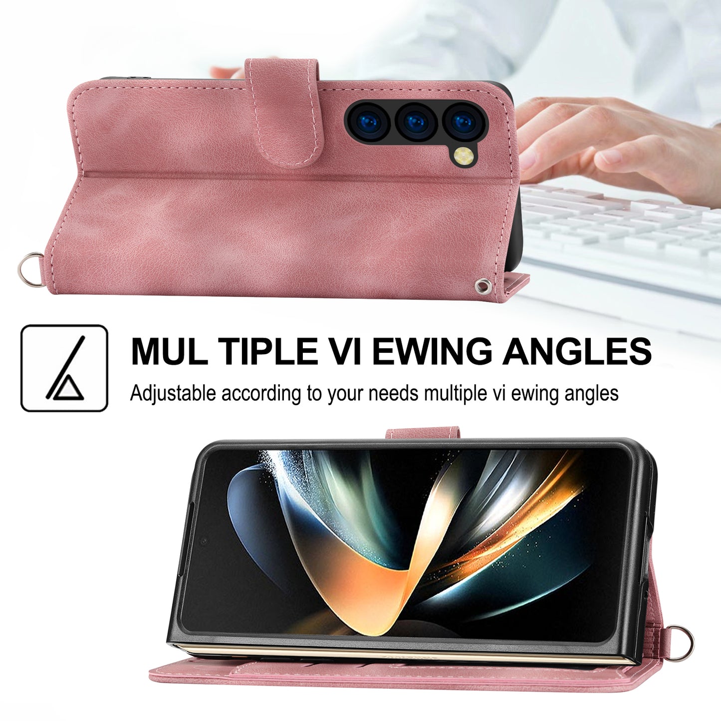 For Samsung Galaxy Z Fold6 5G Leather Case Multiple Card Slots Phone Cover with 2 Straps - Pink
