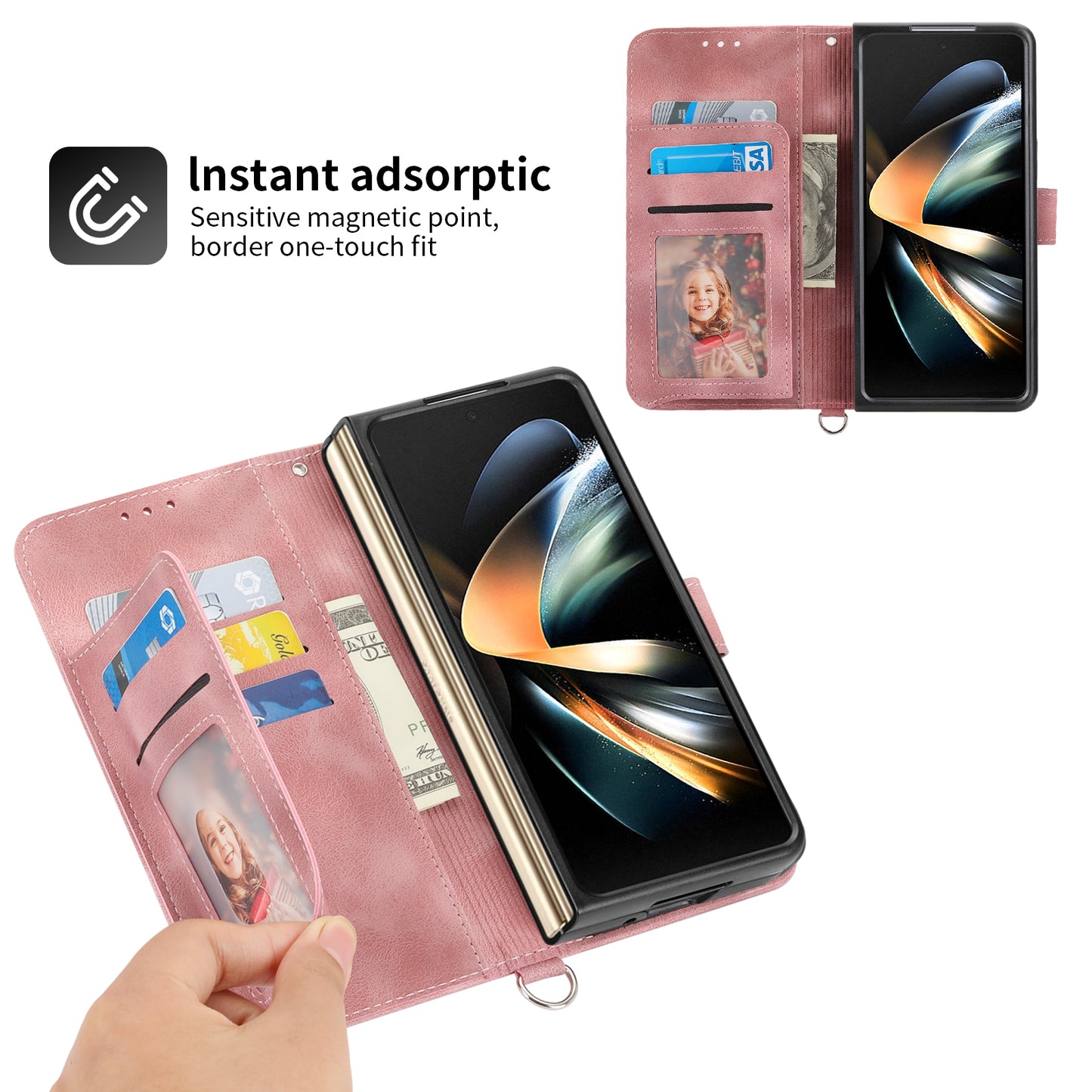 For Samsung Galaxy Z Fold6 5G Leather Case Multiple Card Slots Phone Cover with 2 Straps - Pink