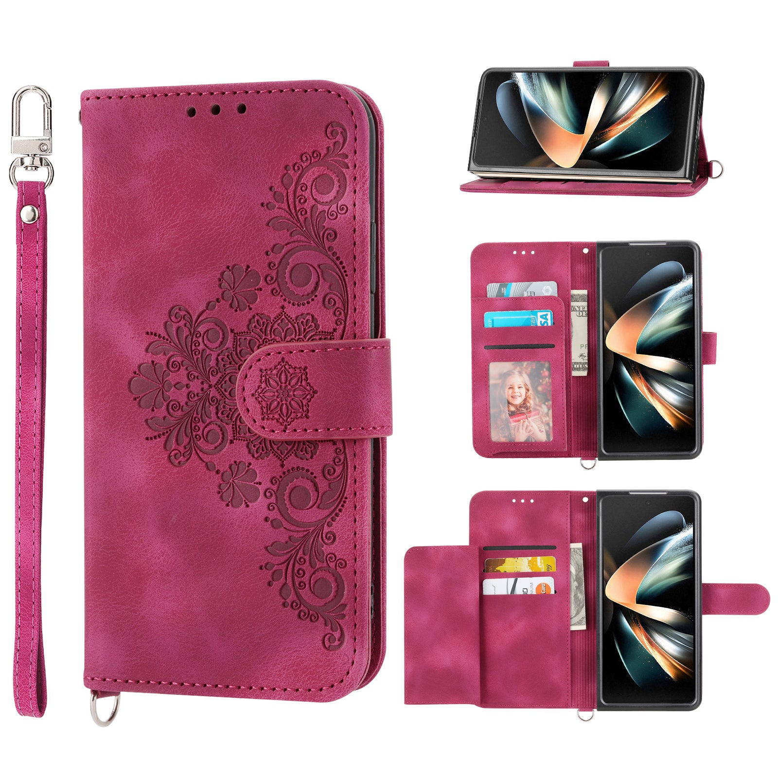 For Samsung Galaxy Z Fold6 5G Leather Case Multiple Card Slots Phone Cover with 2 Straps - Wine Red