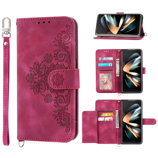 For Samsung Galaxy Z Fold6 5G Leather Case Multiple Card Slots Phone Cover with 2 Straps - Wine Red