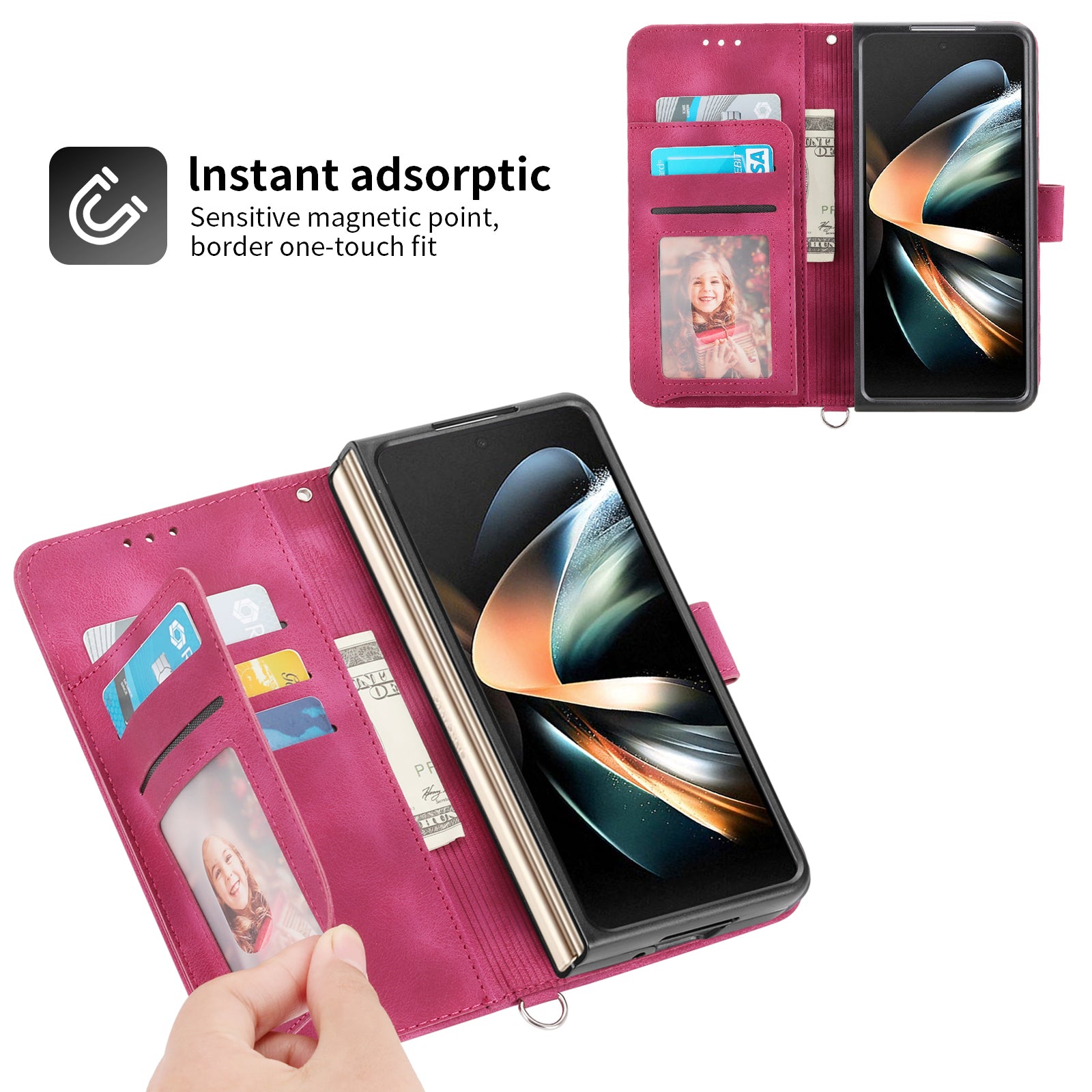 For Samsung Galaxy Z Fold6 5G Leather Case Multiple Card Slots Phone Cover with 2 Straps - Wine Red