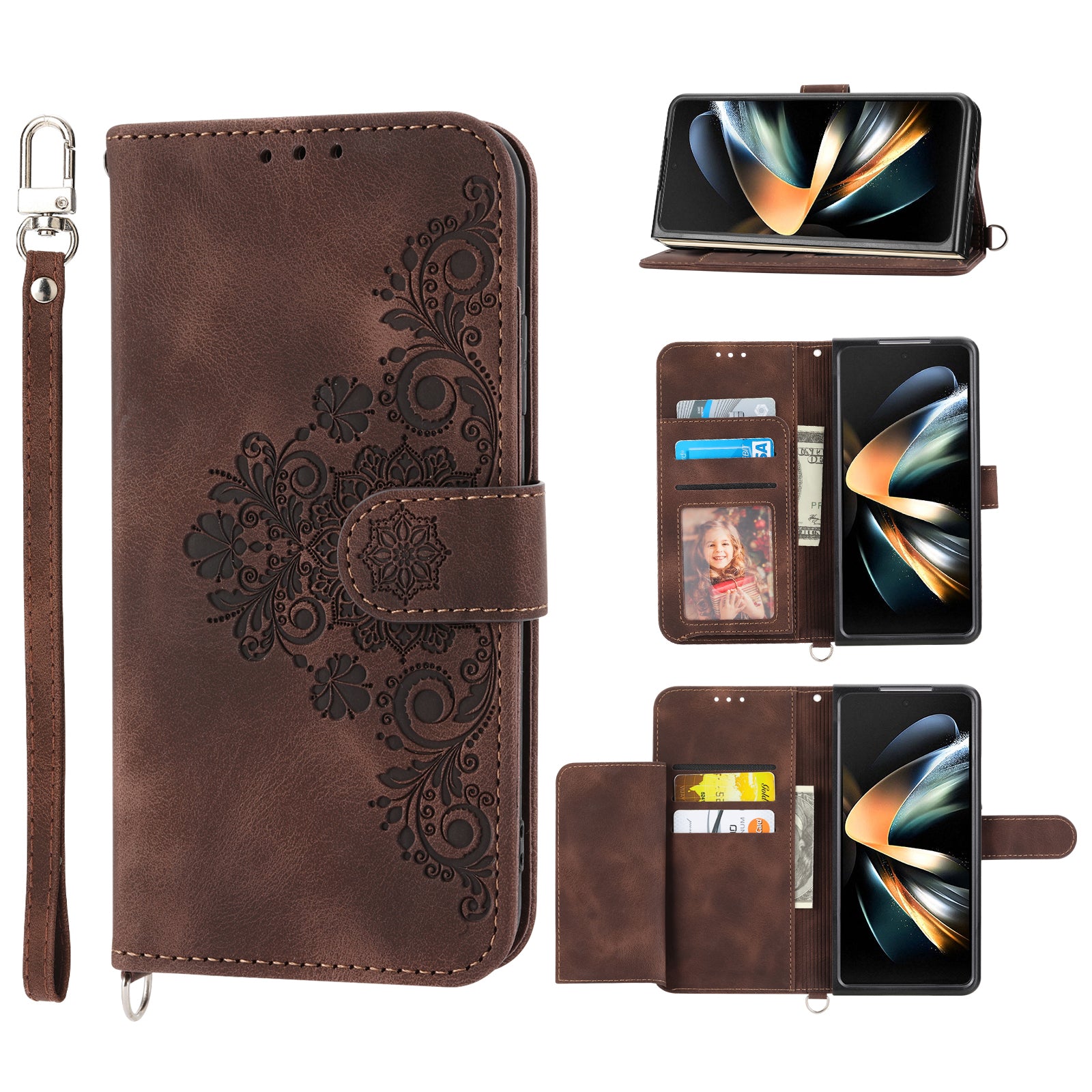 For Samsung Galaxy Z Fold6 5G Leather Case Multiple Card Slots Phone Cover with 2 Straps - Brown