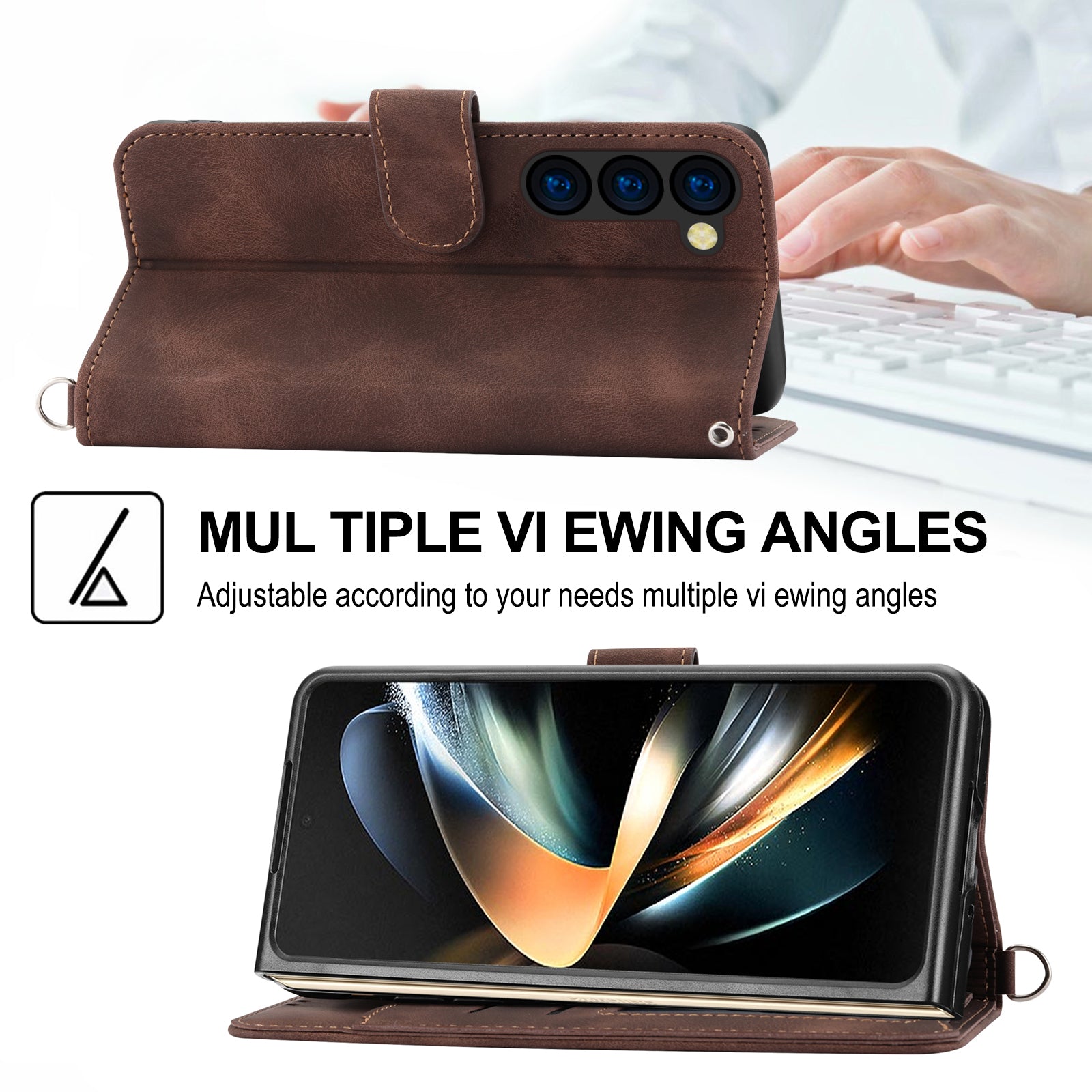 For Samsung Galaxy Z Fold6 5G Leather Case Multiple Card Slots Phone Cover with 2 Straps - Brown