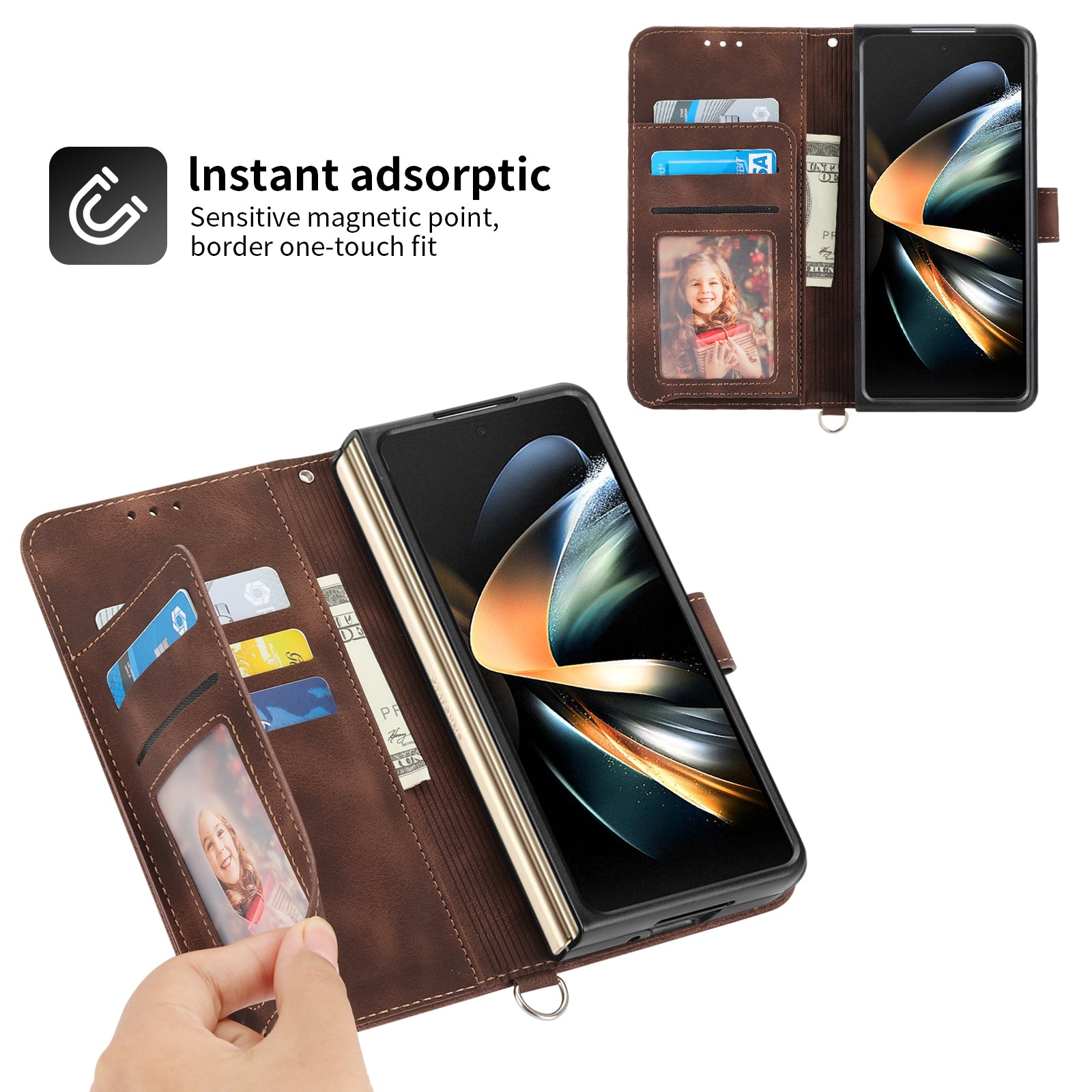 For Samsung Galaxy Z Fold6 5G Leather Case Multiple Card Slots Phone Cover with 2 Straps - Brown