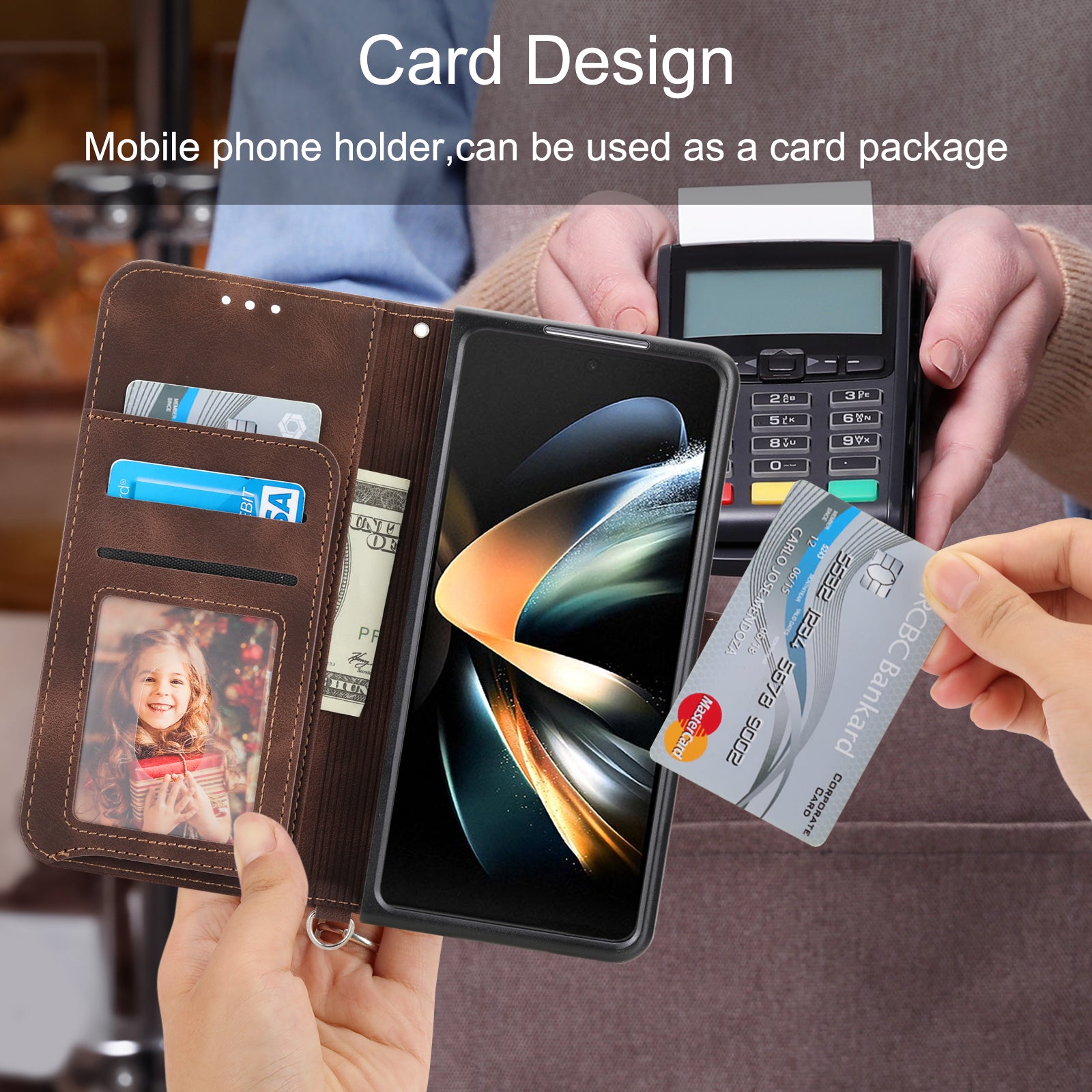 For Samsung Galaxy Z Fold6 5G Leather Case Multiple Card Slots Phone Cover with 2 Straps - Brown