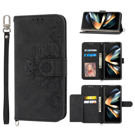 For Samsung Galaxy Z Fold6 5G Leather Case Multiple Card Slots Phone Cover with 2 Straps - Black