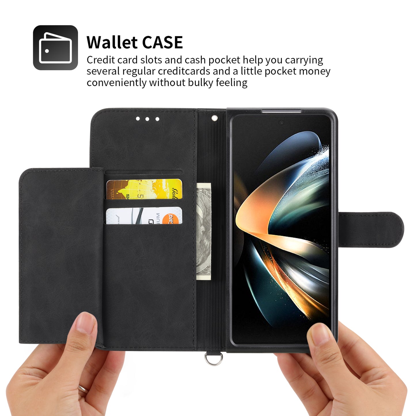For Samsung Galaxy Z Fold6 5G Leather Case Multiple Card Slots Phone Cover with 2 Straps - Black