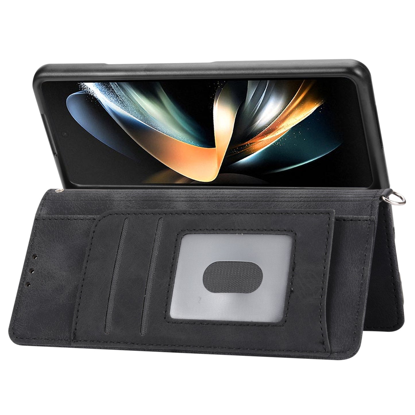 For Samsung Galaxy Z Fold6 5G Leather Case Multiple Card Slots Phone Cover with 2 Straps - Black