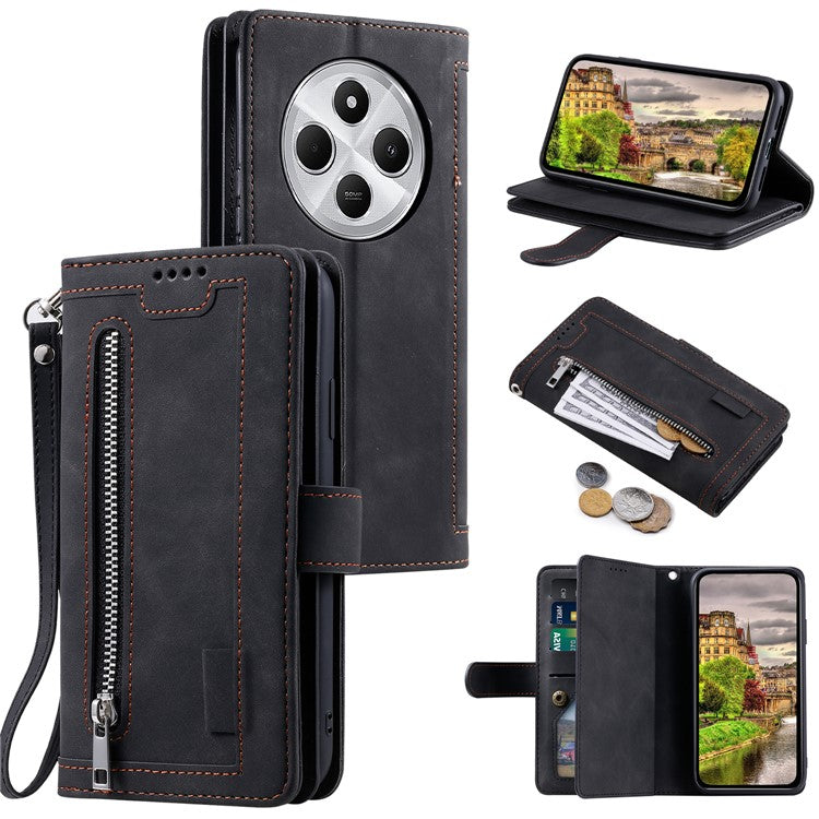 For Xiaomi Poco C75 4G / Redmi 14R 5G / 14C 4G Case Zipper Pocket PU Leather Phone Cover with 9 Card Slots - Black