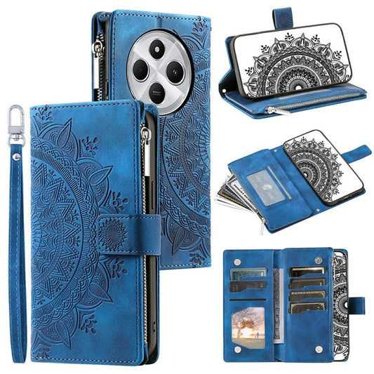Style 006 For Xiaomi Poco C75 4G / Redmi 14R 5G / 14C 4G Case Mandala Flower Pattern PU Leather Zipper Wallet Phone Cover - Blue