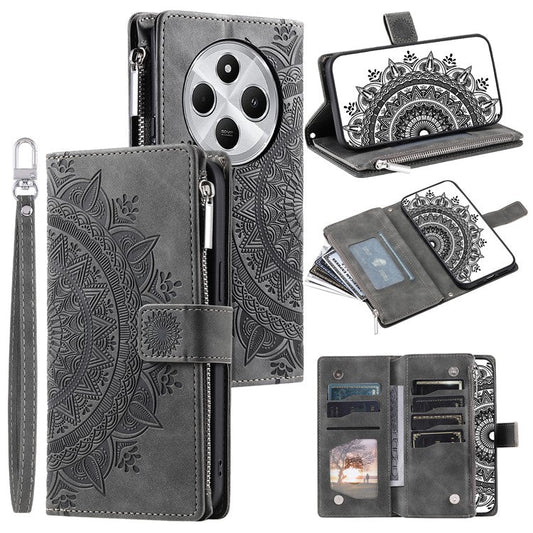 Style 006 For Xiaomi Poco C75 4G / Redmi 14R 5G / 14C 4G Case Mandala Flower Pattern PU Leather Zipper Wallet Phone Cover - Grey