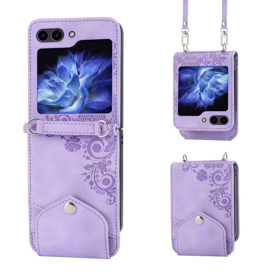 For Samsung Galaxy Z Flip7 FE 5G / Z Flip6 5G Leather Case Multiple Card Slots Phone Cover with Shoulder Strap - Purple