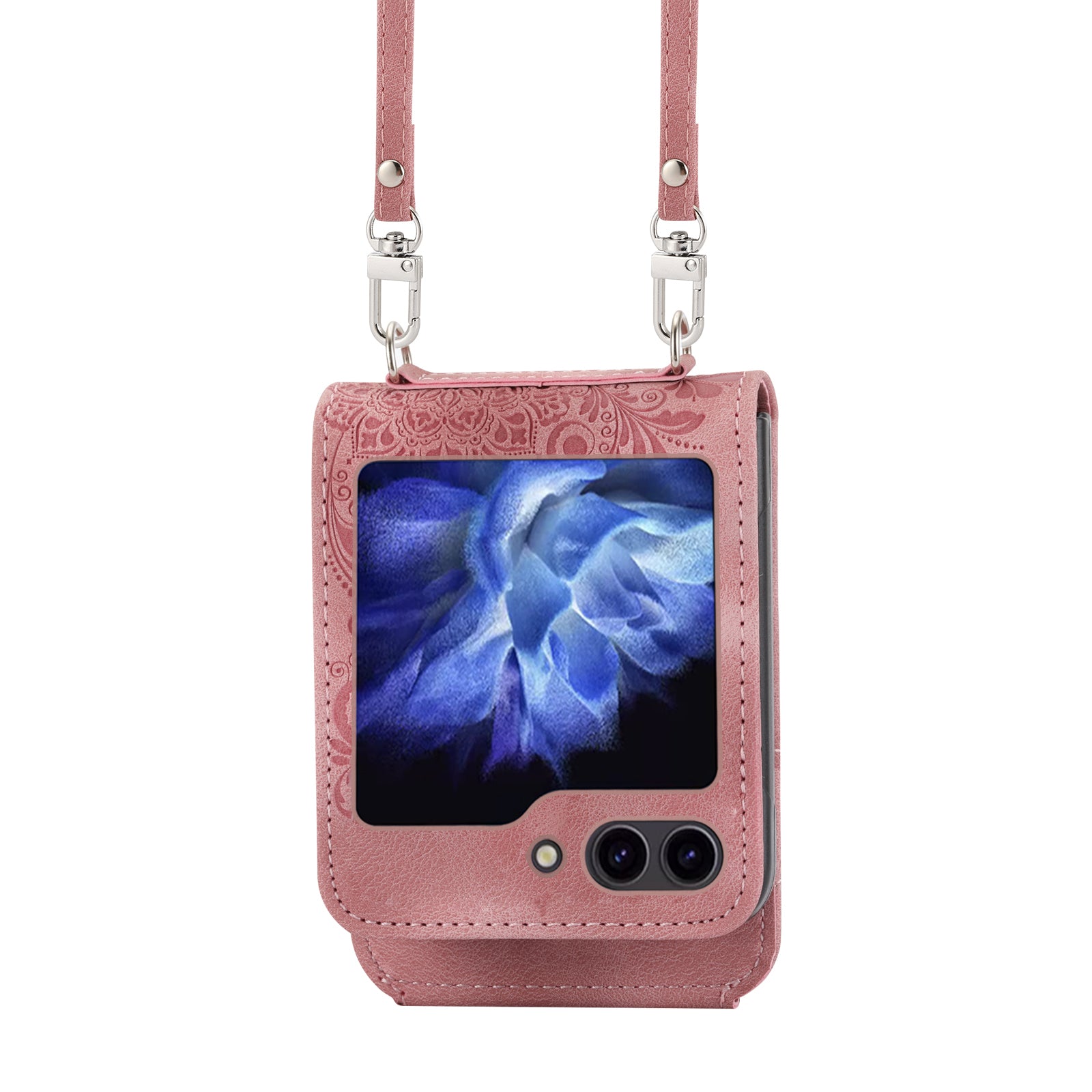 For Samsung Galaxy Z Flip6 5G Leather Case Multiple Card Slots Phone Cover with Shoulder Strap - Pink