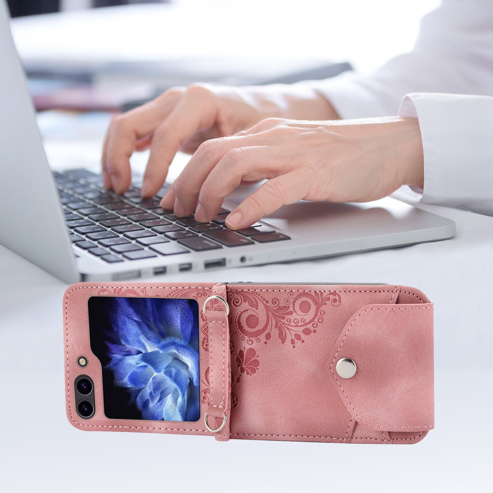 For Samsung Galaxy Z Flip6 5G Leather Case Multiple Card Slots Phone Cover with Shoulder Strap - Pink
