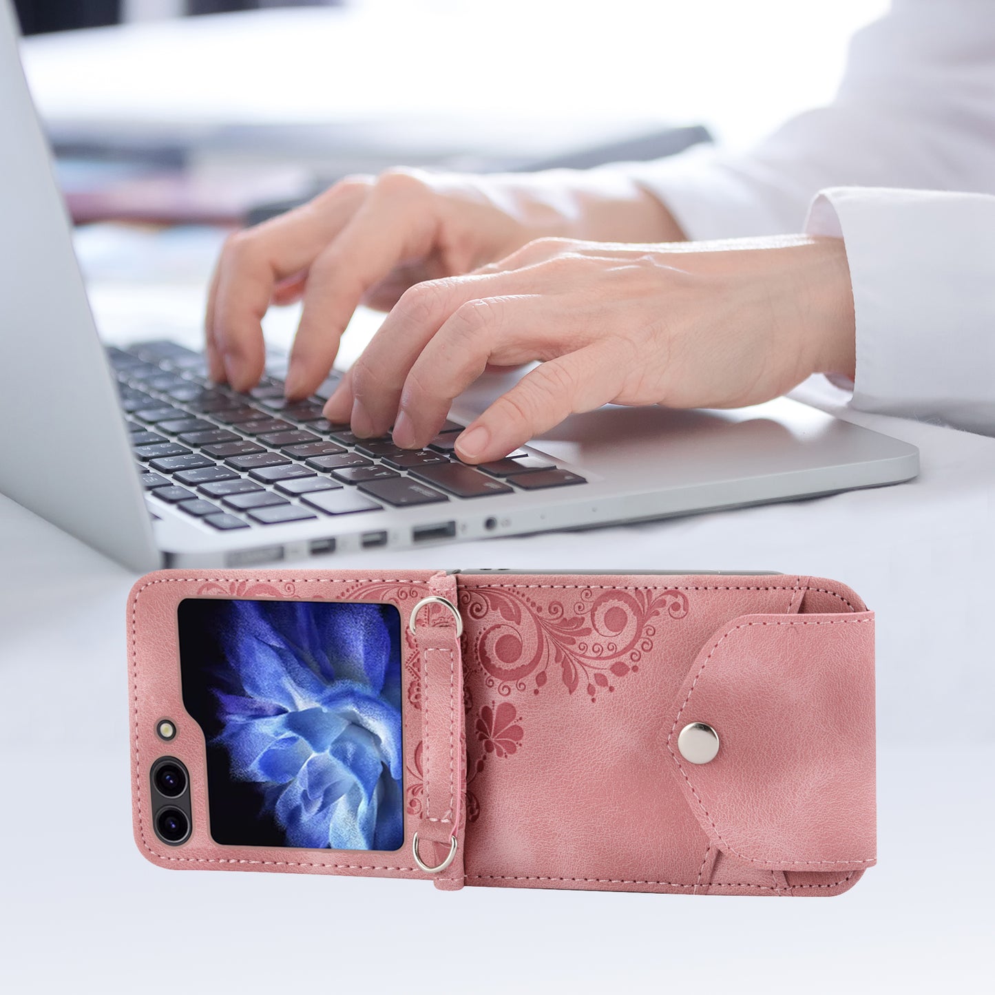 For Samsung Galaxy Z Flip6 5G Leather Case Multiple Card Slots Phone Cover with Shoulder Strap - Pink