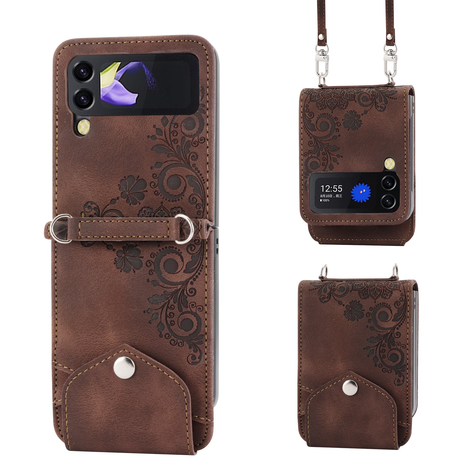 For Samsung Galaxy Z Flip6 5G Leather Case Multiple Card Slots Phone Cover with Shoulder Strap - Brown