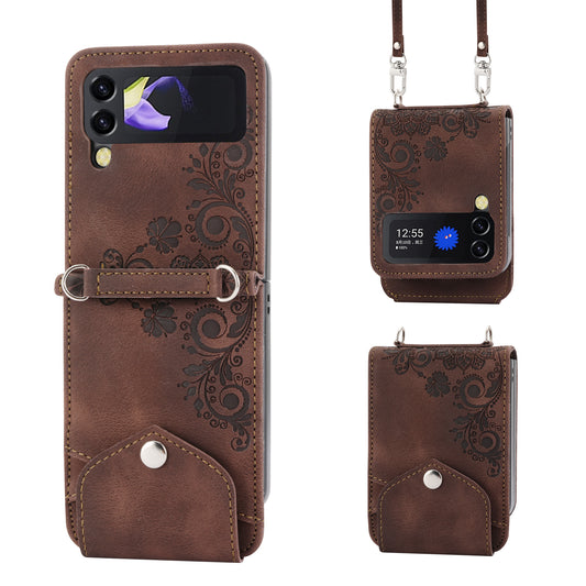 For Samsung Galaxy Z Flip6 5G Leather Case Multiple Card Slots Phone Cover with Shoulder Strap - Brown