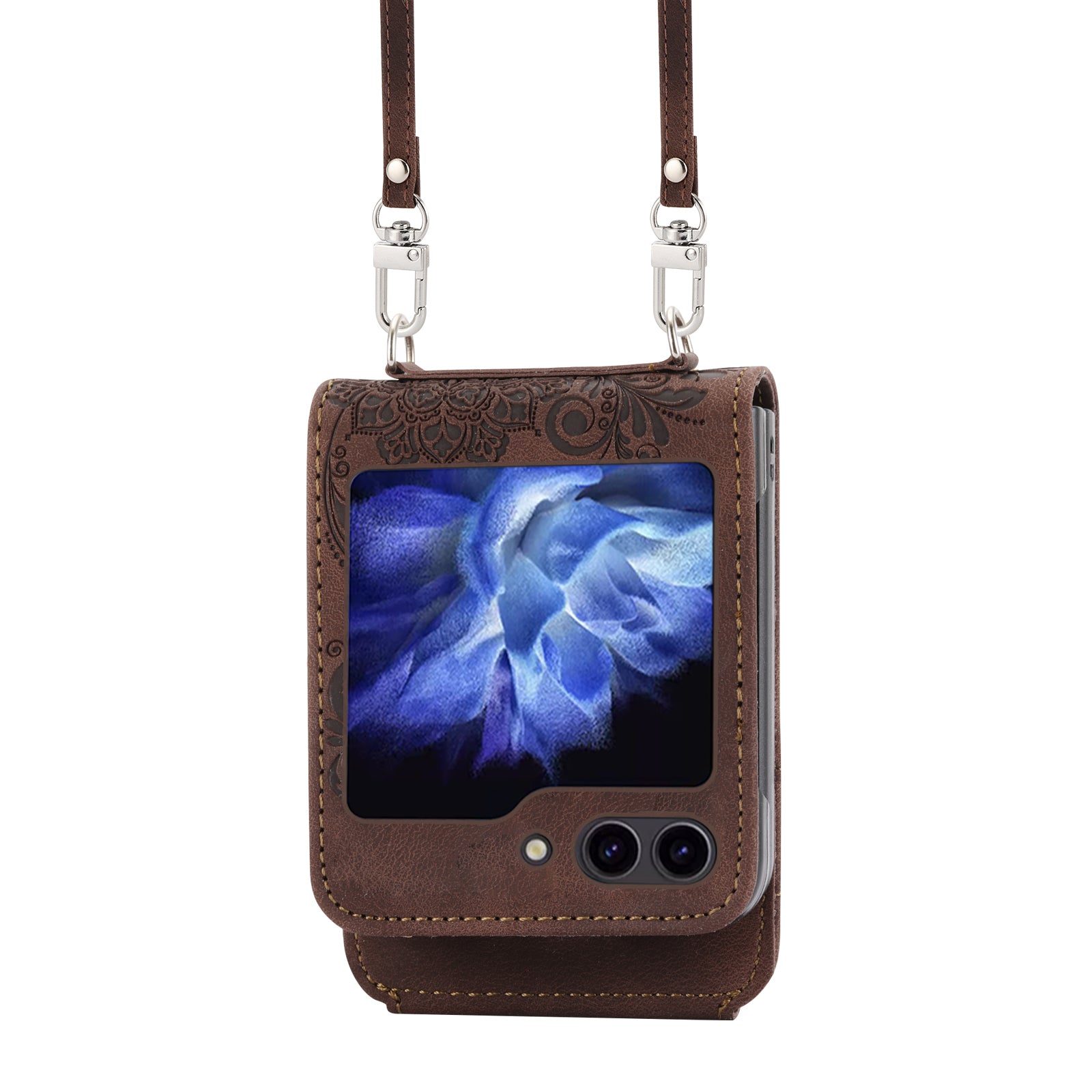 For Samsung Galaxy Z Flip6 5G Leather Case Multiple Card Slots Phone Cover with Shoulder Strap - Brown