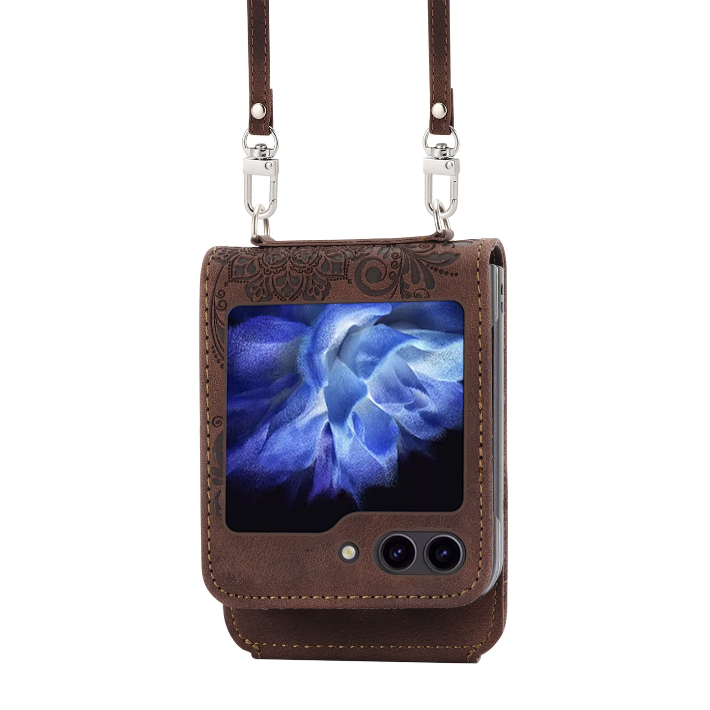 For Samsung Galaxy Z Flip6 5G Leather Case Multiple Card Slots Phone Cover with Shoulder Strap - Brown