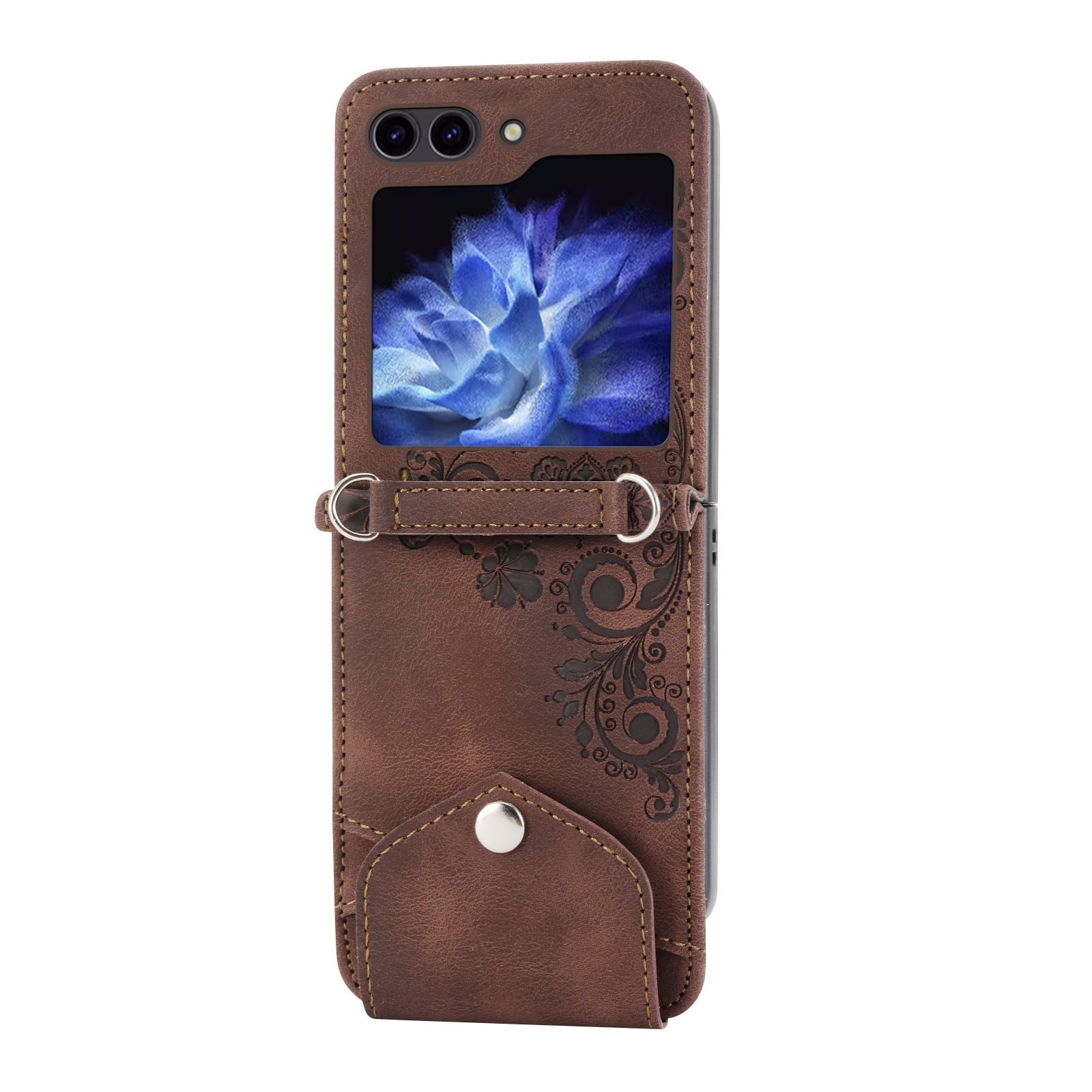 For Samsung Galaxy Z Flip6 5G Leather Case Multiple Card Slots Phone Cover with Shoulder Strap - Brown