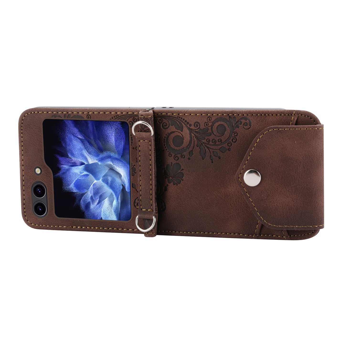 For Samsung Galaxy Z Flip6 5G Leather Case Multiple Card Slots Phone Cover with Shoulder Strap - Brown