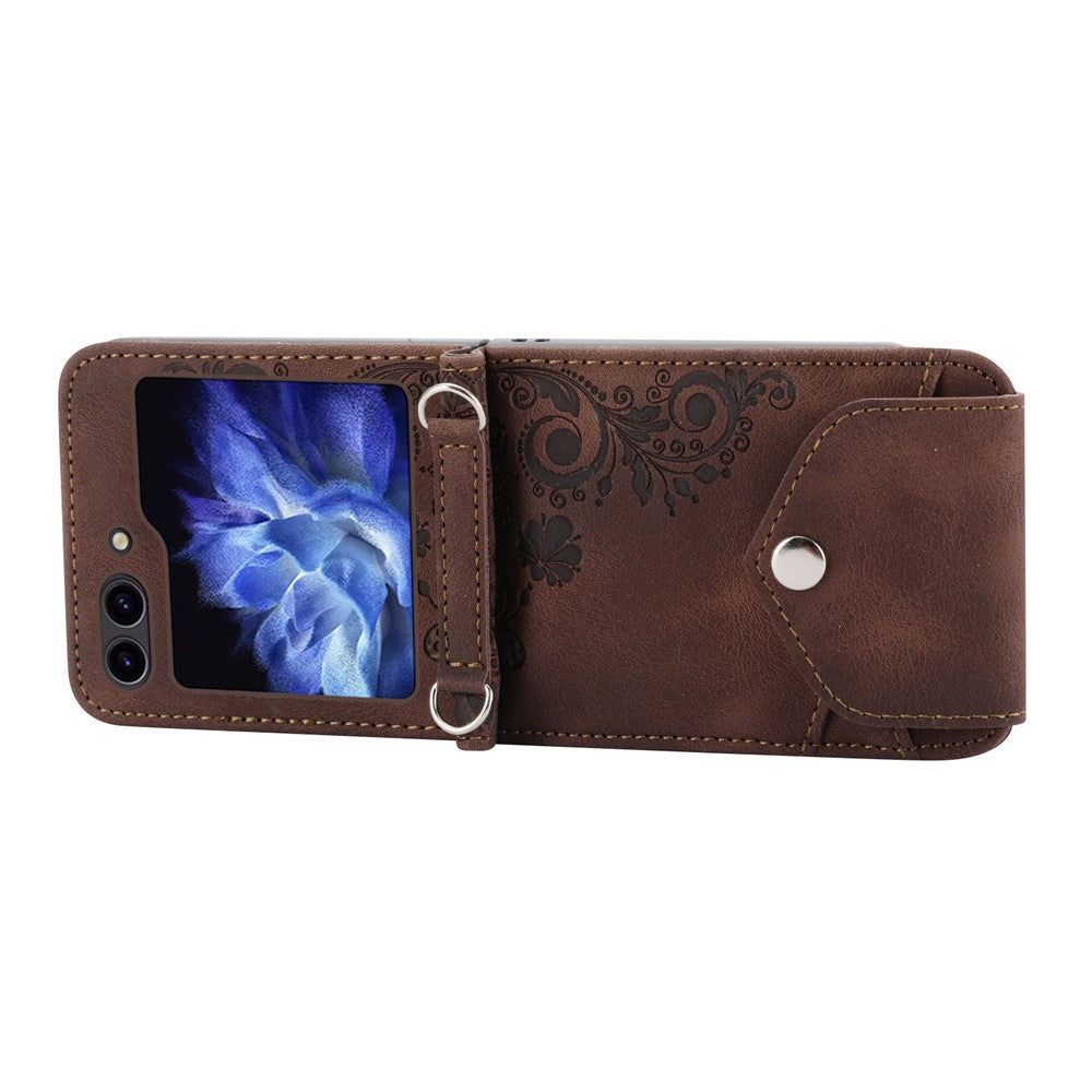 For Samsung Galaxy Z Flip7 FE 5G / Z Flip6 5G Leather Case Multiple Card Slots Phone Cover with Shoulder Strap - Brown