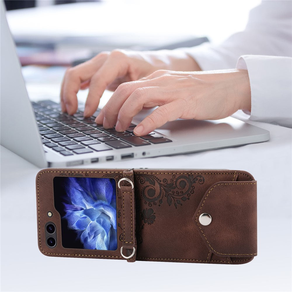For Samsung Galaxy Z Flip7 FE 5G / Z Flip6 5G Leather Case Multiple Card Slots Phone Cover with Shoulder Strap - Brown