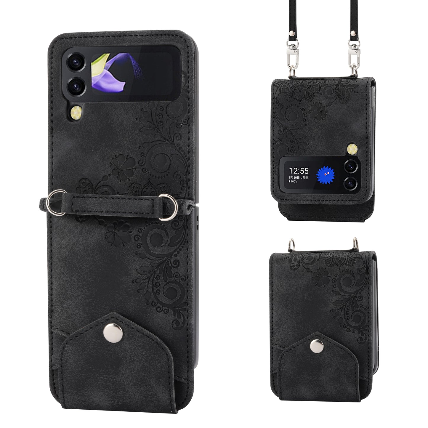 For Samsung Galaxy Z Flip6 5G Leather Case Multiple Card Slots Phone Cover with Shoulder Strap - Black