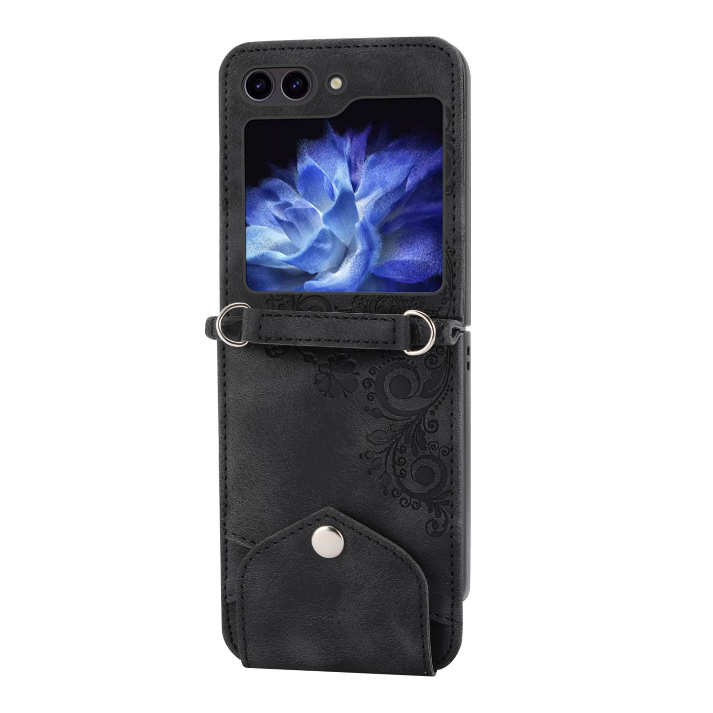For Samsung Galaxy Z Flip6 5G Leather Case Multiple Card Slots Phone Cover with Shoulder Strap - Black