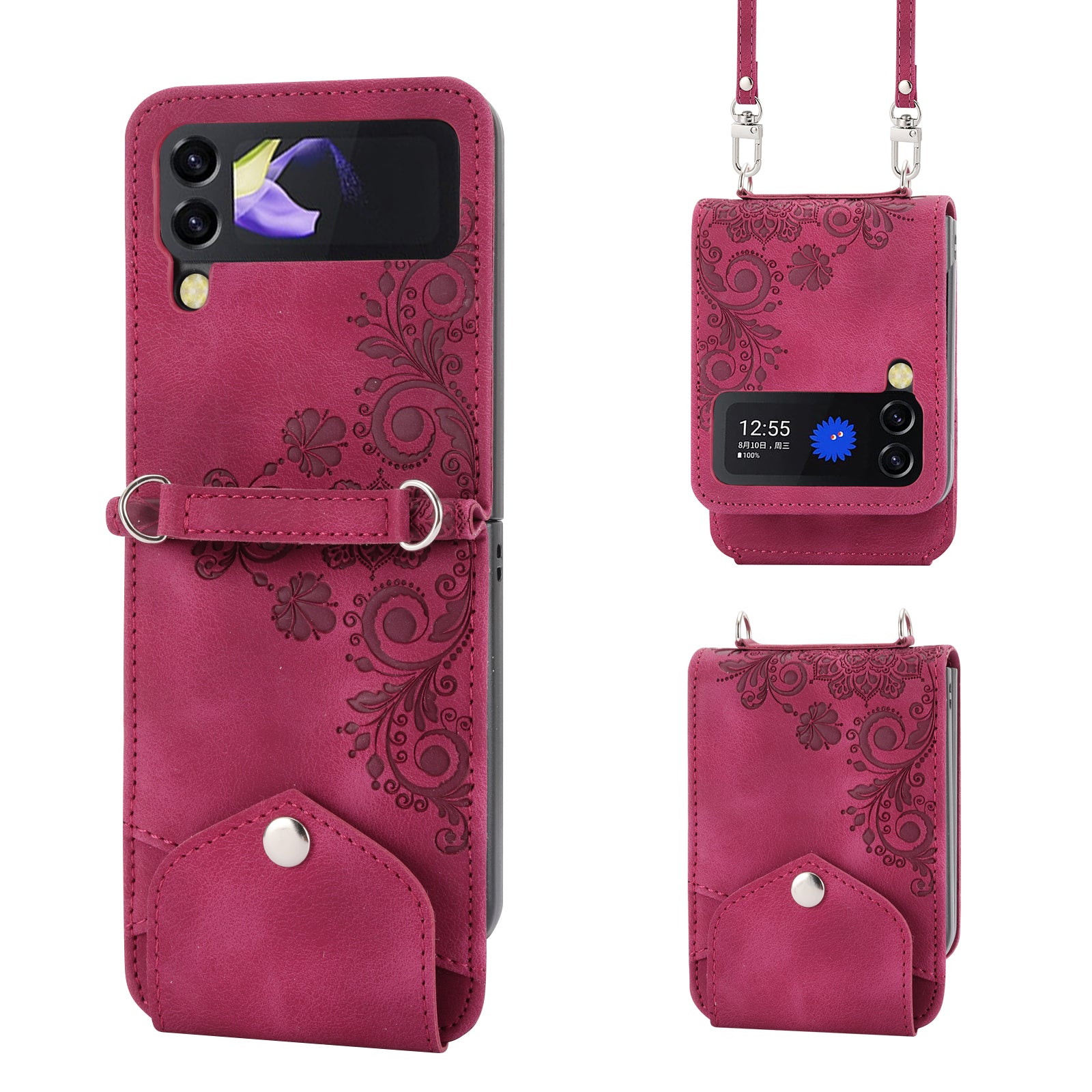 For Samsung Galaxy Z Flip6 5G Leather Case Multiple Card Slots Phone Cover with Shoulder Strap - Wine Red