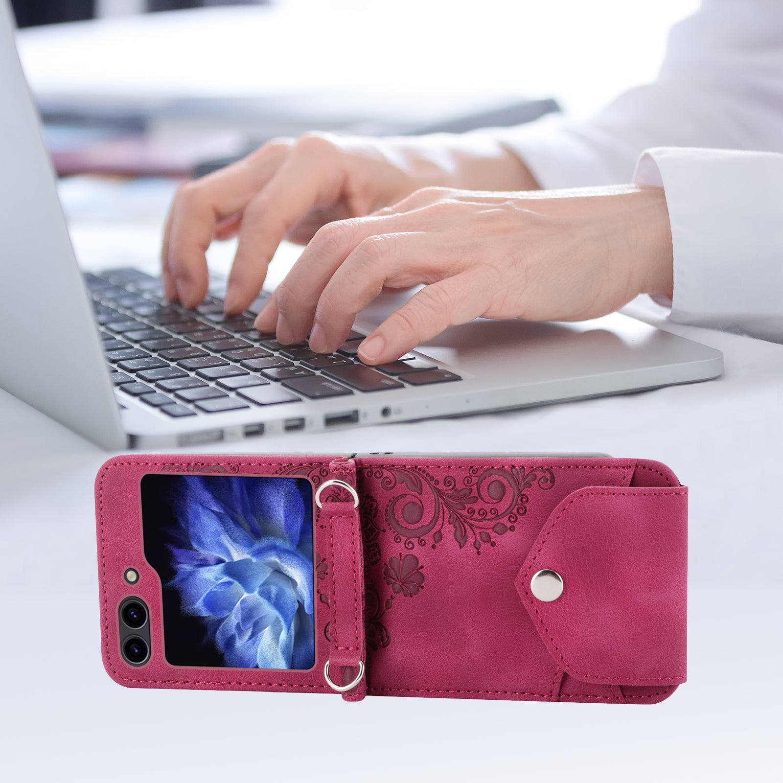 For Samsung Galaxy Z Flip6 5G Leather Case Multiple Card Slots Phone Cover with Shoulder Strap - Wine Red